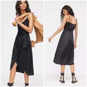 Anthropologie Giverny Black Satin Midi Slip Dress Wrap Front Spaghetti Straps 4P